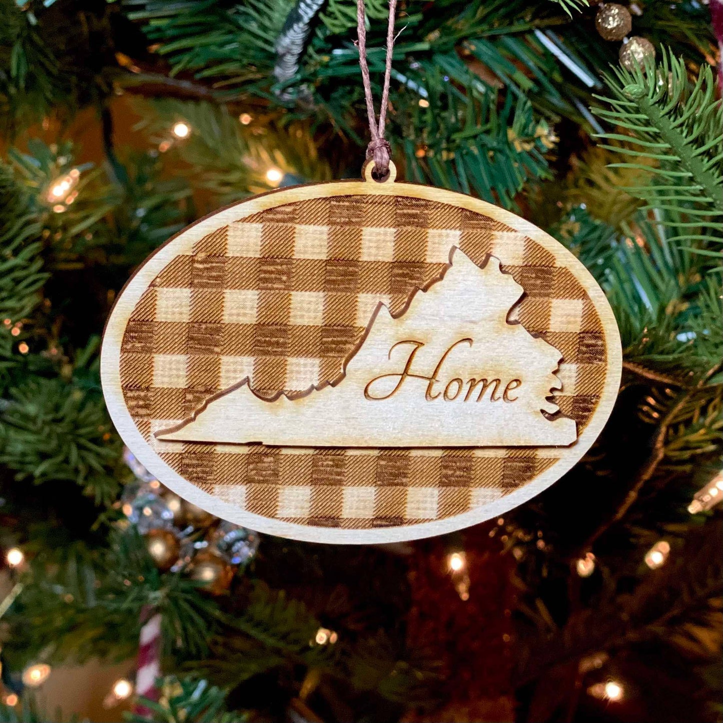 Virginia Home State With Plaid - Laser Engraved Ornament