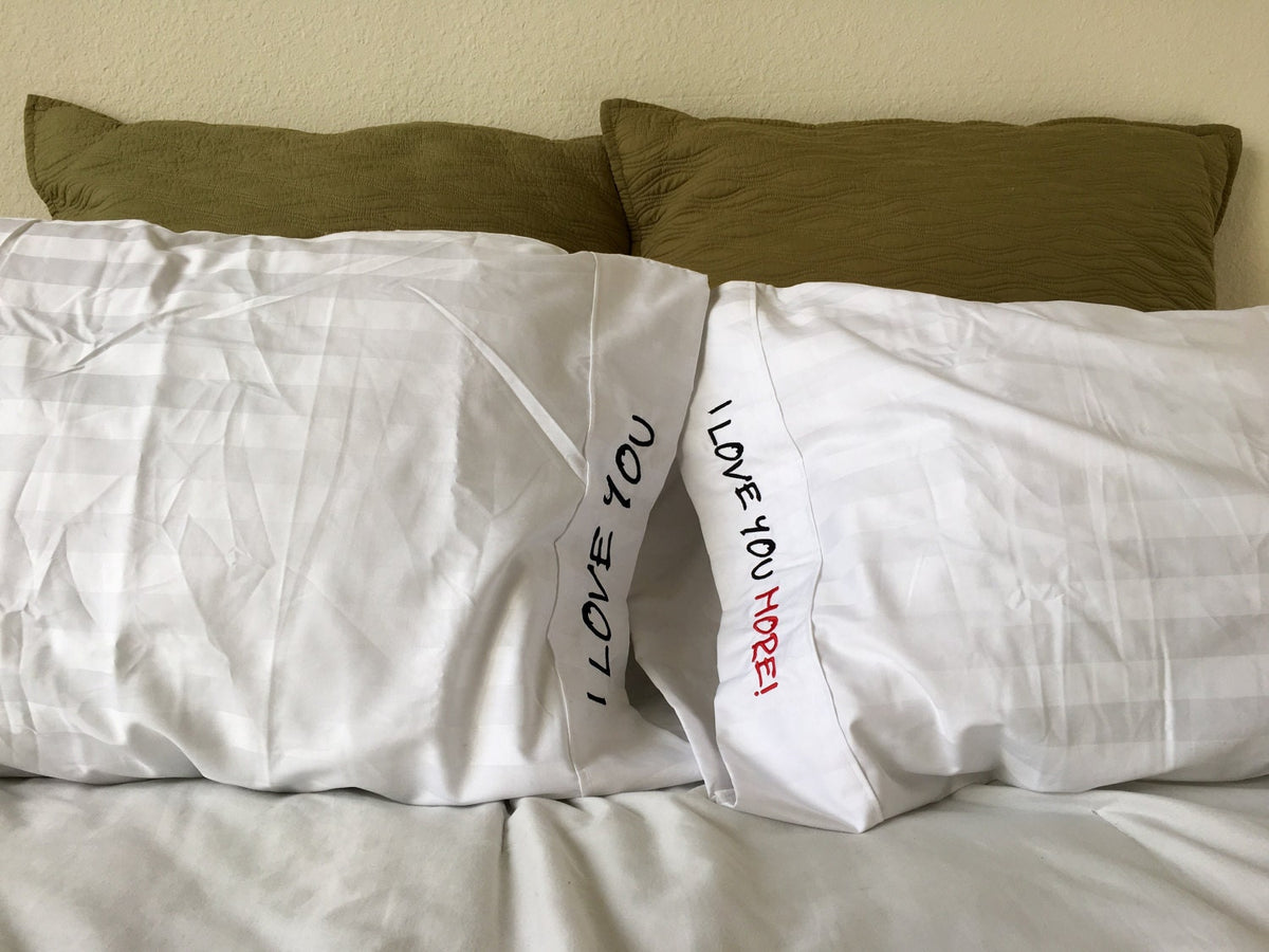 Embroidered Romantic Pillow Case Set, "I Love You, I Love You More!"