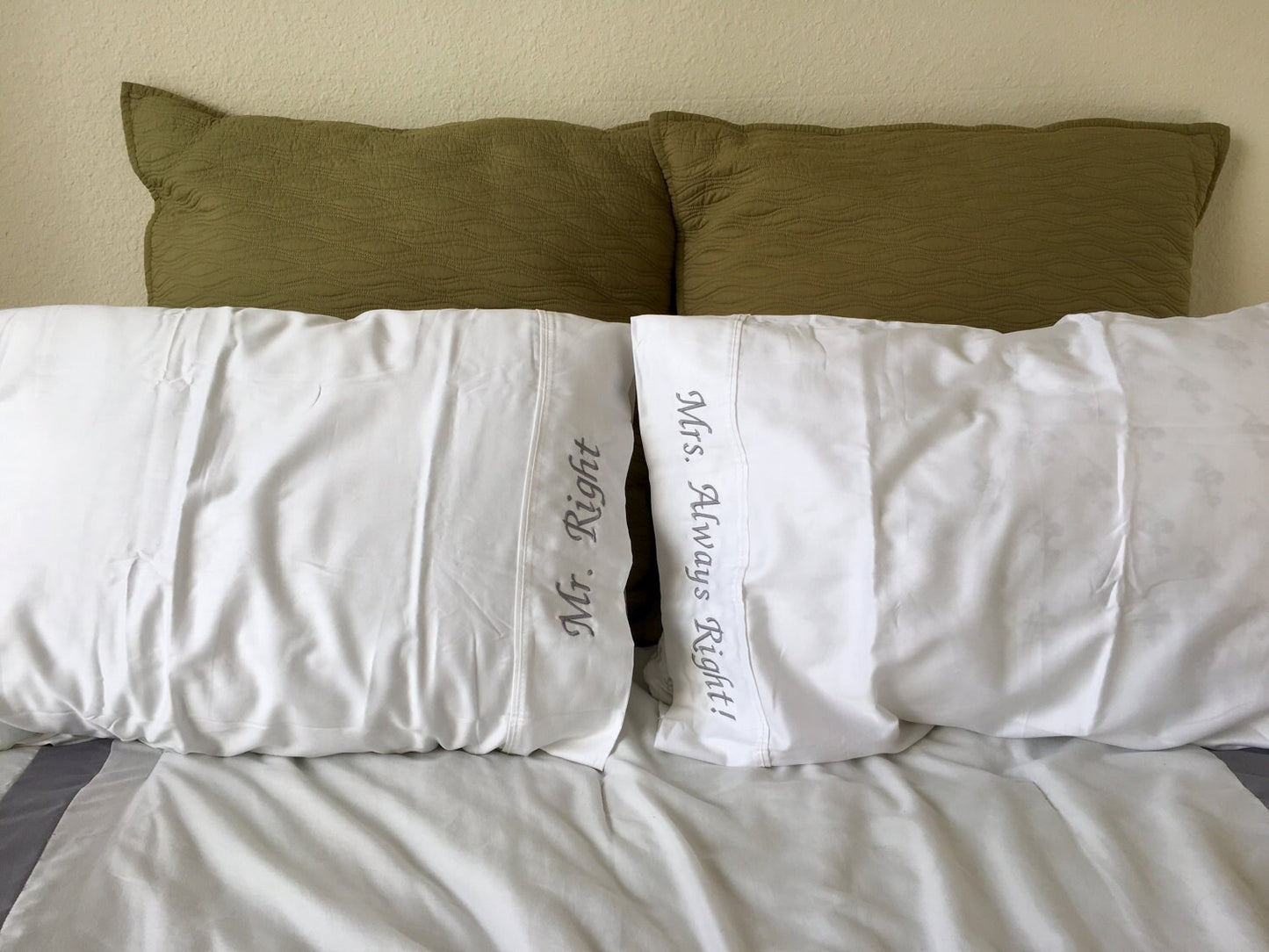 Embroidered Romantic Pillow Case Set, Mr. Right and Mrs. Always Right!
