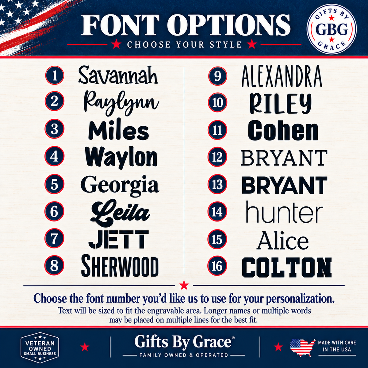 Updated GBG Font Options: 16 numbered font choices. Use this guide for font numbers.