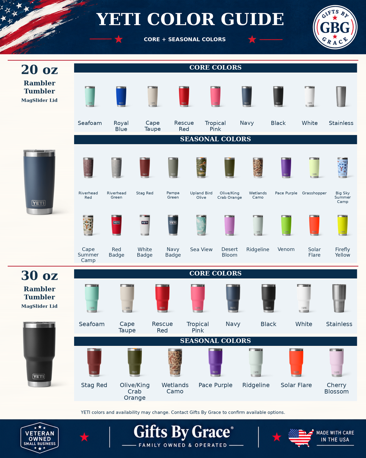 GBG YETI 20 oz and 30 oz Rambler Tumblers with MagSlider Lid color guide. Order dropdown options only.