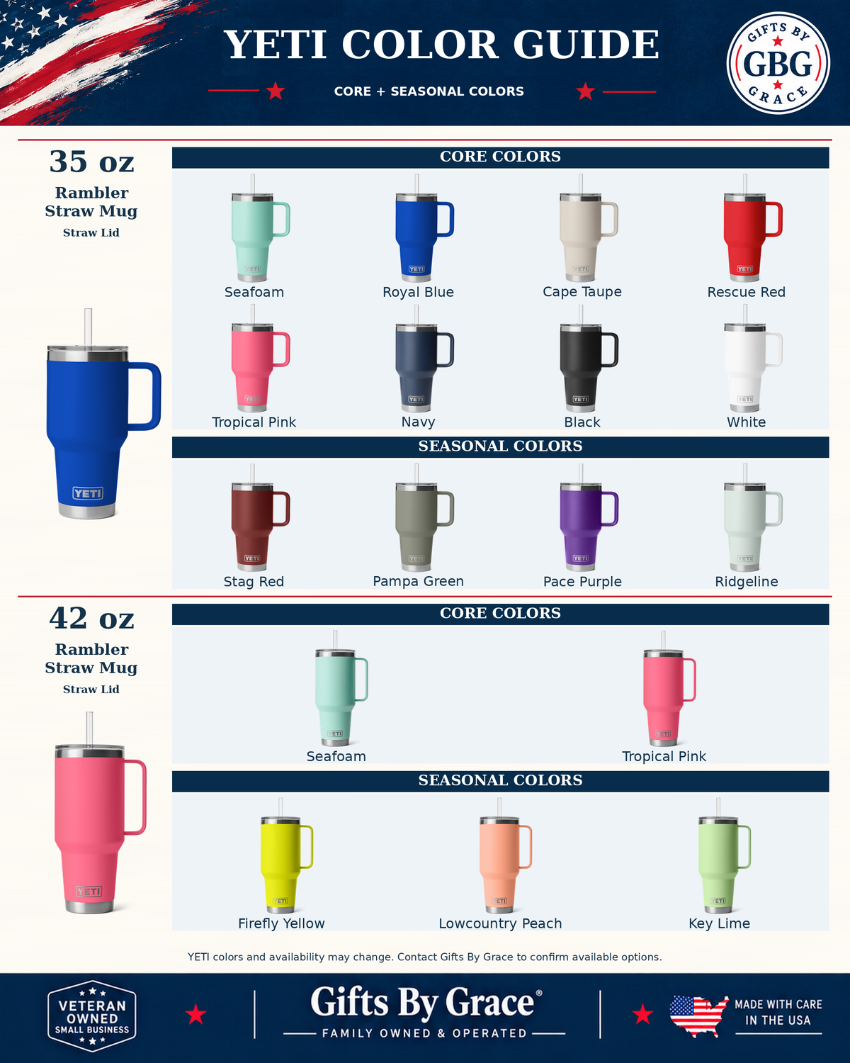 GBG YETI 35 oz and 42 oz Rambler Straw Mug color guide. Select available model and color combinations from the product options.