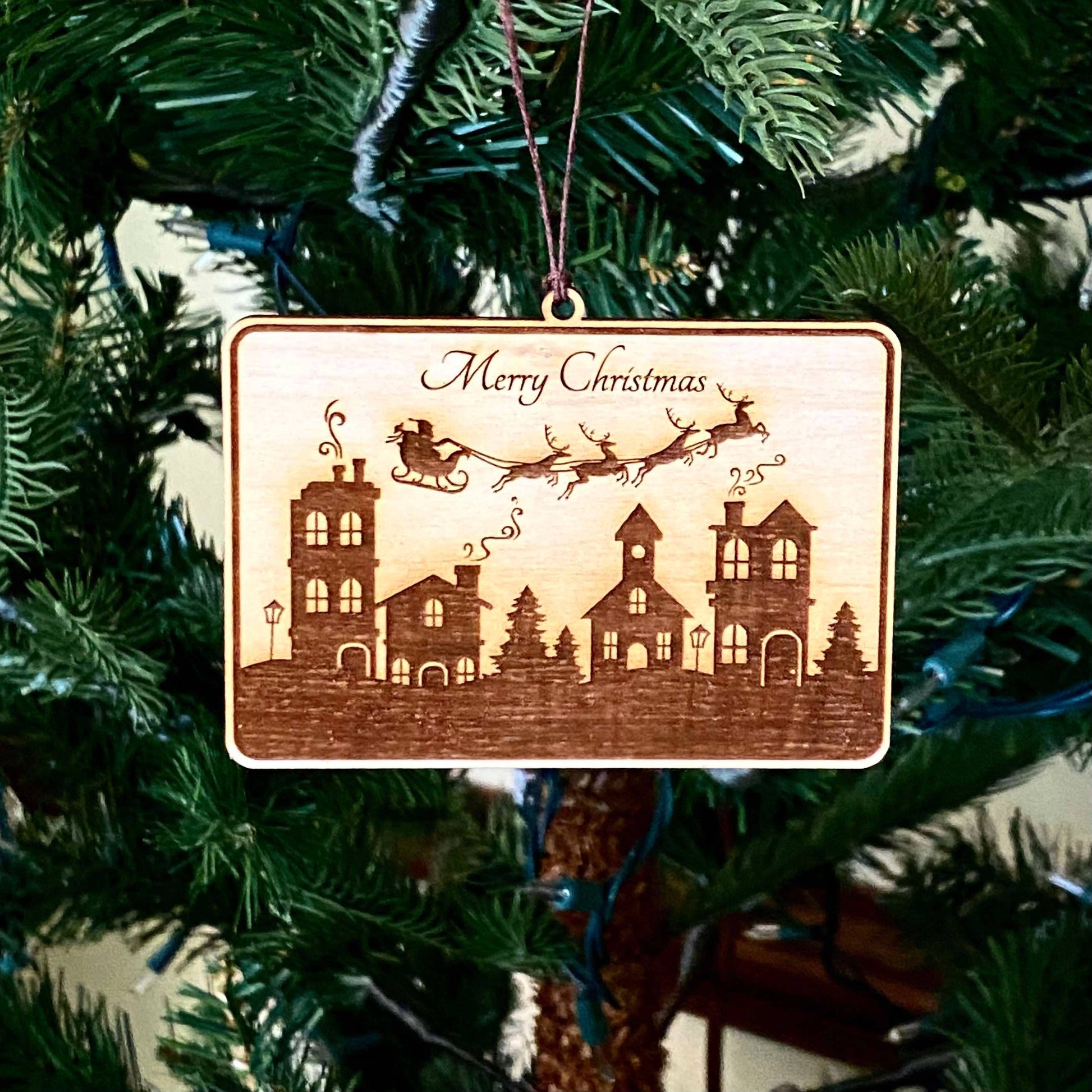 Vintage Merry Christmas Skyline - Laser Engraved Ornament