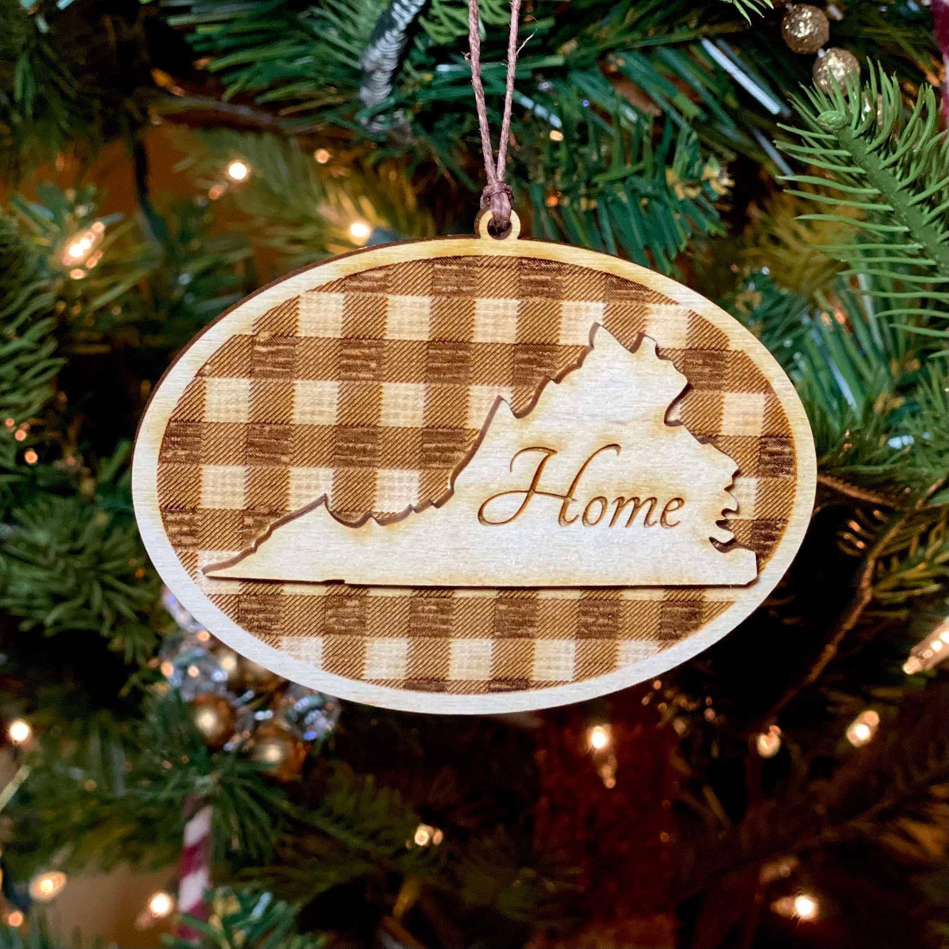 Virginia Home State With Plaid  - Laser Engraved Ornament
