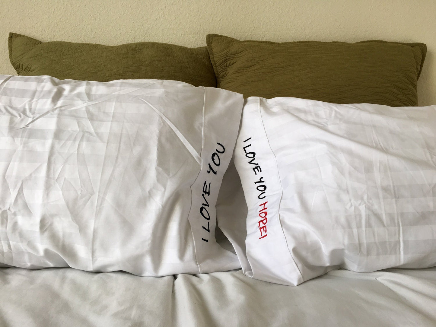 Embroidered Romantic Pillow Case Set, "I Love You, I Love You More!"