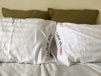 Embroidered Romantic Pillow Case Set, "I Love You, I Love You More!"