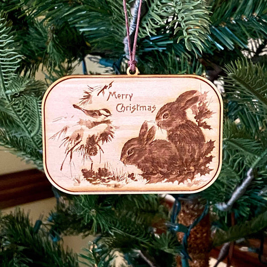 Vintage Bunnies Merry Christmas - Laser Engraved Ornament