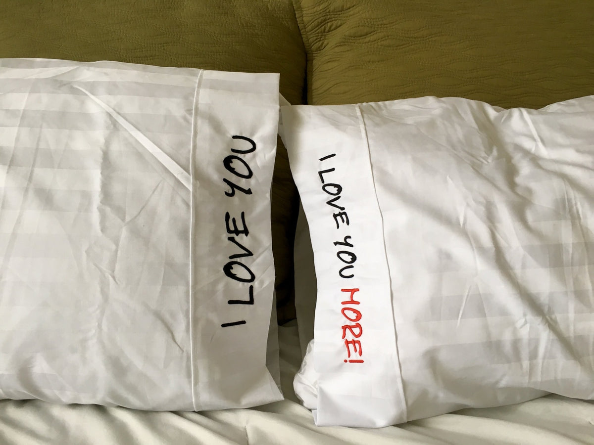 Embroidered Romantic Pillow Case Set, "I Love You, I Love You More!"