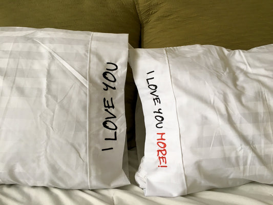 Embroidered Romantic Pillow Case Set, "I Love You, I Love You More!"