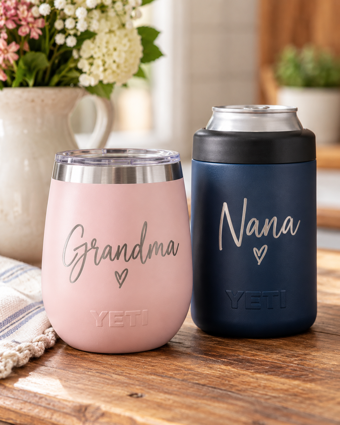 Personalized Grandma and Nana YETI wine tumbler and can cooler hero photo
