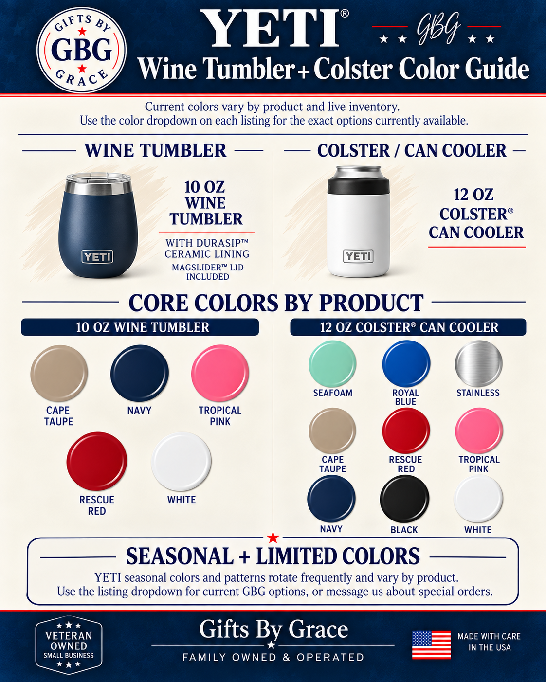 Gifts By Grace YETI wine tumbler and Colster color guide
