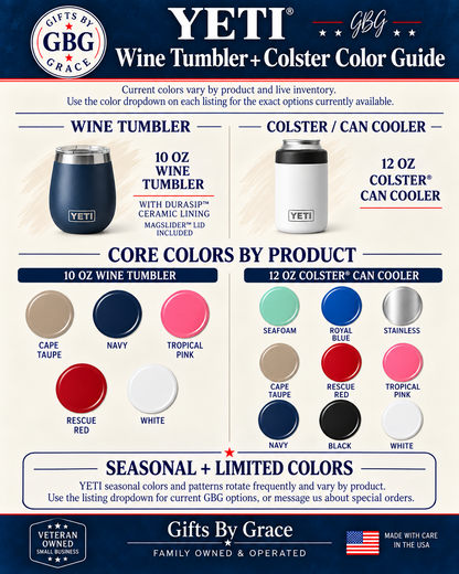 Gifts By Grace YETI wine tumbler and Colster color guide