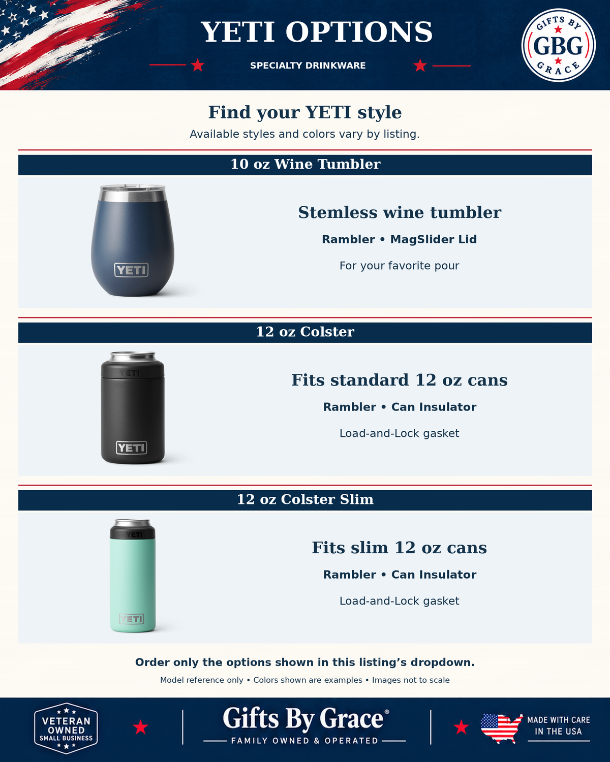 GBG YETI Specialty Options: 10 oz Wine Tumbler, 12 oz Standard Colster, 12 oz Slim Colster. Select available choices from the dropdown.