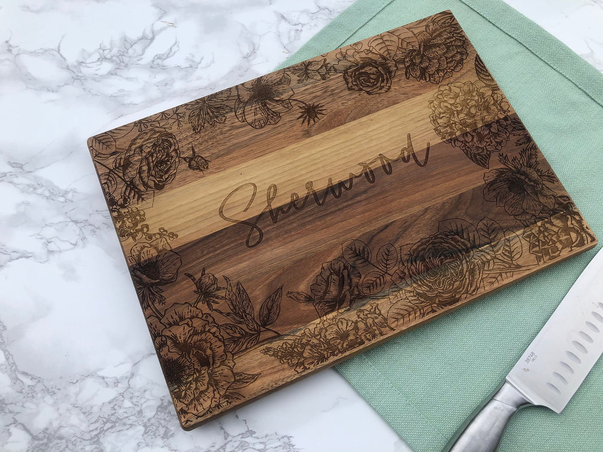 Custom Engraved Cutting Board with Detailed Florals / Personalized Kitchen Decor Housewarming / Wedding Gift / Charcuterie for Mom / Grandma - legacy product image