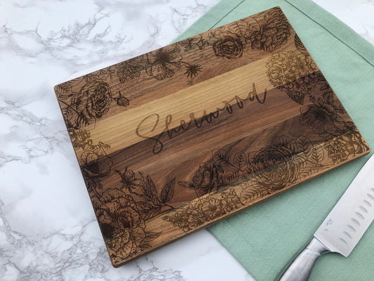 Custom Engraved Cutting Board with Detailed Florals / Personalized Kitchen Decor Housewarming / Wedding Gift / Charcuterie for Mom / Grandma - legacy product image