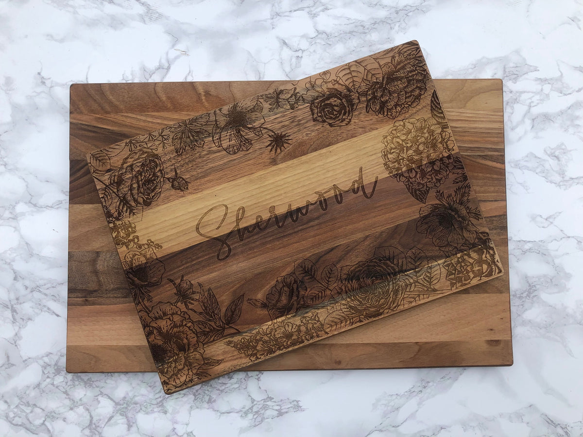 Custom Engraved Cutting Board with Detailed Florals / Personalized Kitchen Decor Housewarming / Wedding Gift / Charcuterie for Mom / Grandma - legacy product image 4