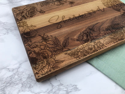 Custom Engraved Cutting Board with Detailed Florals / Personalized Kitchen Decor Housewarming / Wedding Gift / Charcuterie for Mom / Grandma - legacy product image 5