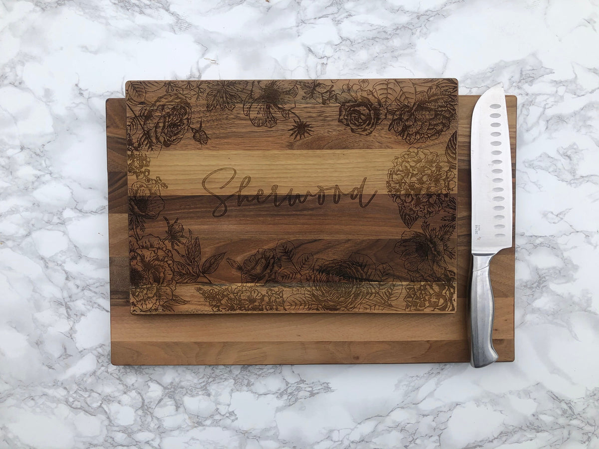 Custom Engraved Cutting Board with Detailed Florals / Personalized Kitchen Decor Housewarming / Wedding Gift / Charcuterie for Mom / Grandma - legacy product image 2