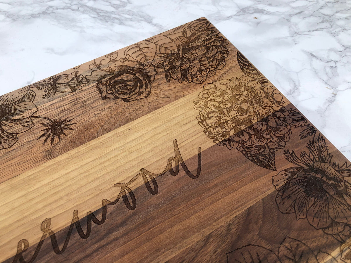 Custom Engraved Cutting Board with Detailed Florals / Personalized Kitchen Decor Housewarming / Wedding Gift / Charcuterie for Mom / Grandma - legacy product image 3