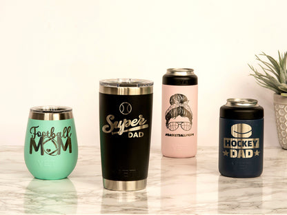 Recovered original Personalized Sports Parent YETI Wine Tumbler or Can Cooler product photography
