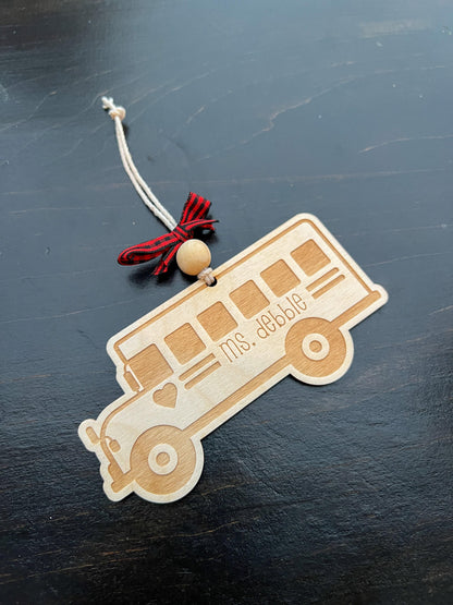 Laser Engraved Wooden Bus Ornament: Personalized Teacher Christmas Decoration - legacy product image 3