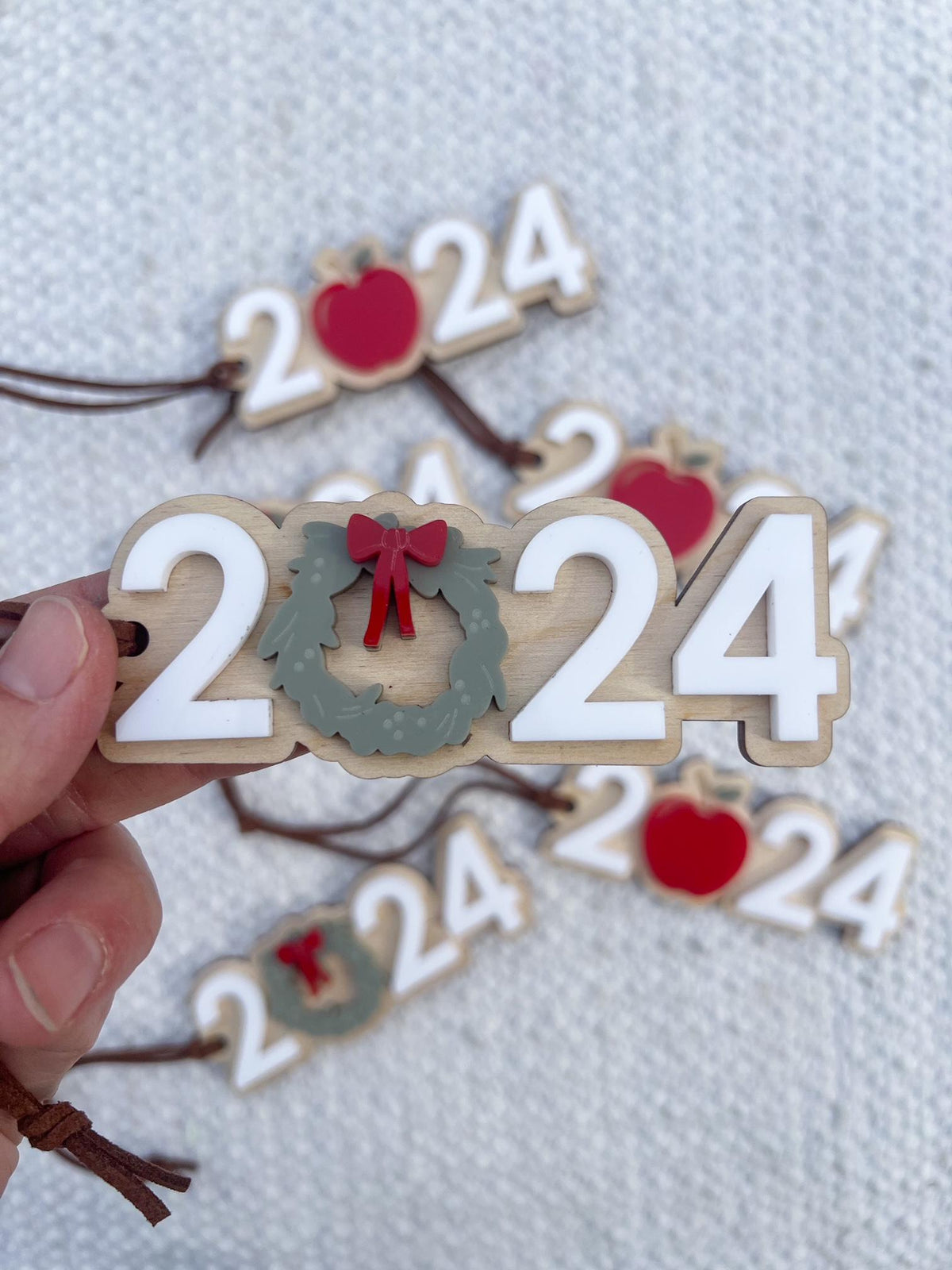 2024 Ornament with Holiday Wreath / Apple of a Teacher Ornament / Christmas Gift / Laser Engraved Wood and Acrylic Ornament - legacy product image