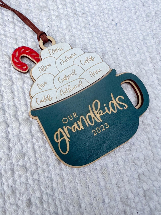 Personalized Hot Cocoa Mug Family Wooden Ornaments / Custom Laser Engraved Kids Christmas Gift for Grandma and Grandpa /  Keepsake Ornament - legacy product image