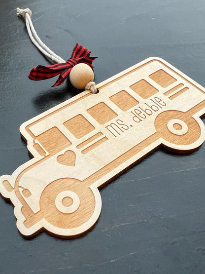 Laser Engraved Wooden Bus Ornament: Personalized Teacher Christmas Decoration - legacy product image