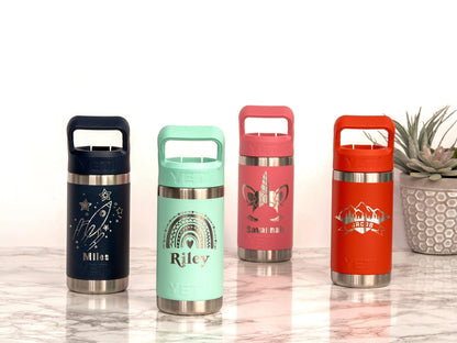 Original Marcy finished engraving examples on YETI kids bottles: rocket, rainbow, unicorn and mountain designs